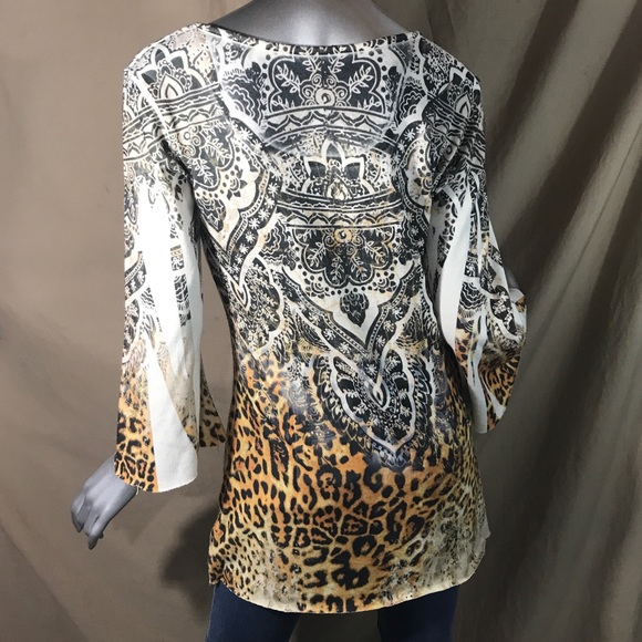 Bleu Womens Small Top Animal Print Flowy Y2K Colorful Stretch Knit Tunic Mandala - Picture 5 of 16